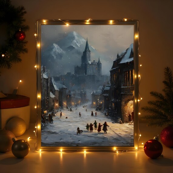 Gothic Christmas Medieval Castle Snowy Town Square Winter Poster