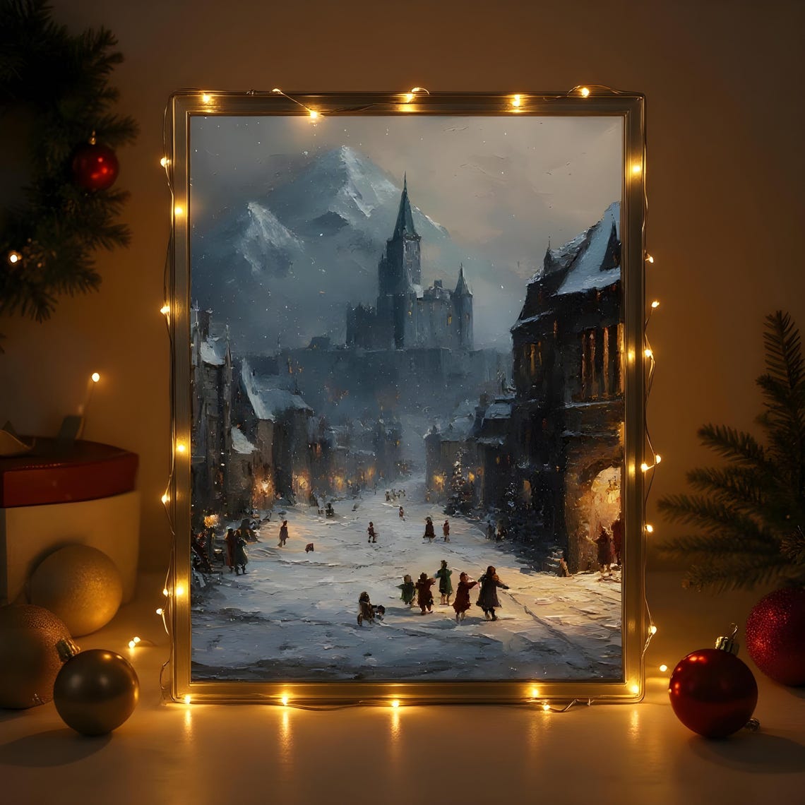 Gothic Christmas Medieval Castle Snowy Town Square Winter Poster
