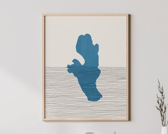 Burt Lake Michigan Abstract Blue Silhouette Minimalist Map Poster