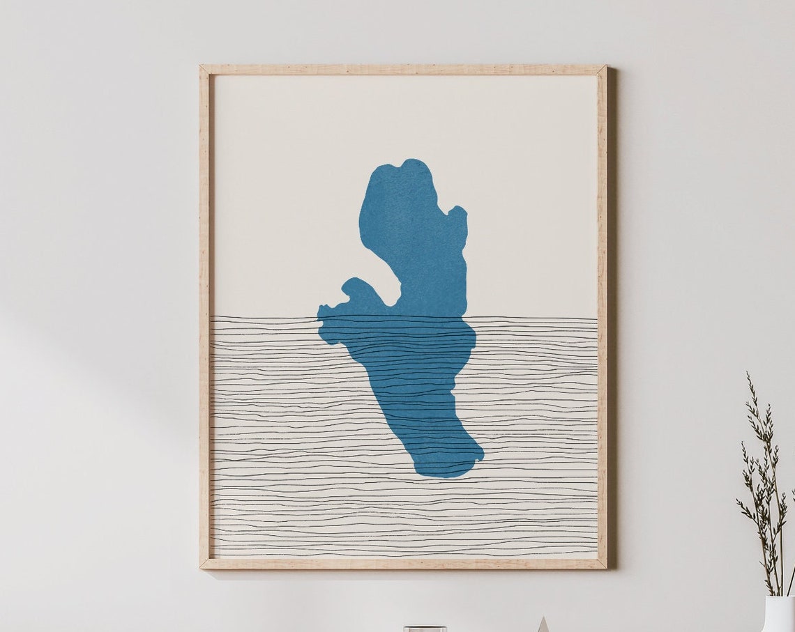 Burt Lake Michigan Abstract Blue Silhouette Minimalist Map Poster