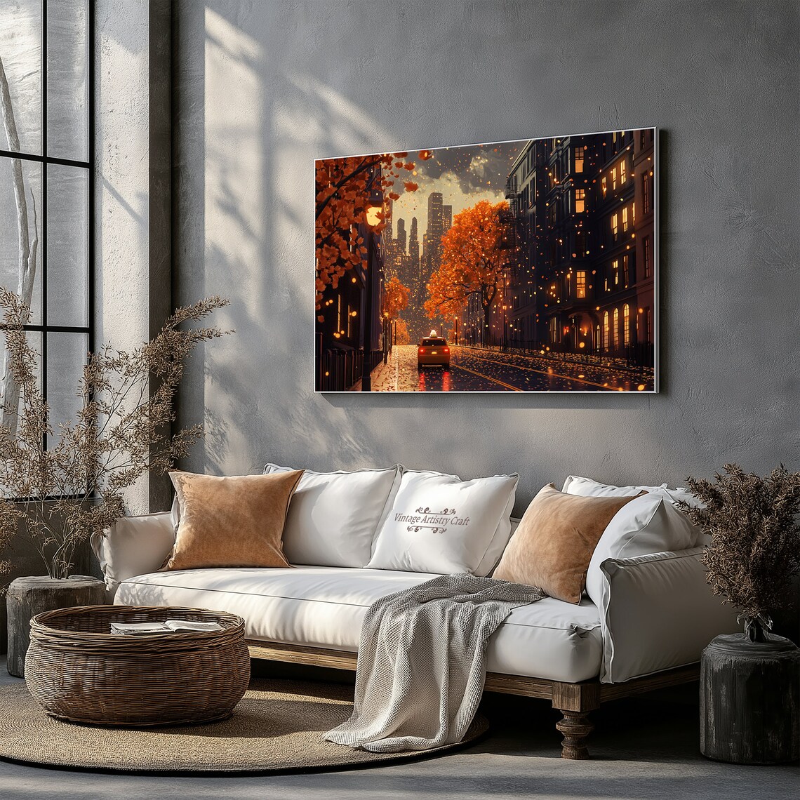 Autumn City Street Taxi Dusk Falling Leaves Night Cityscape Poster - Image 3