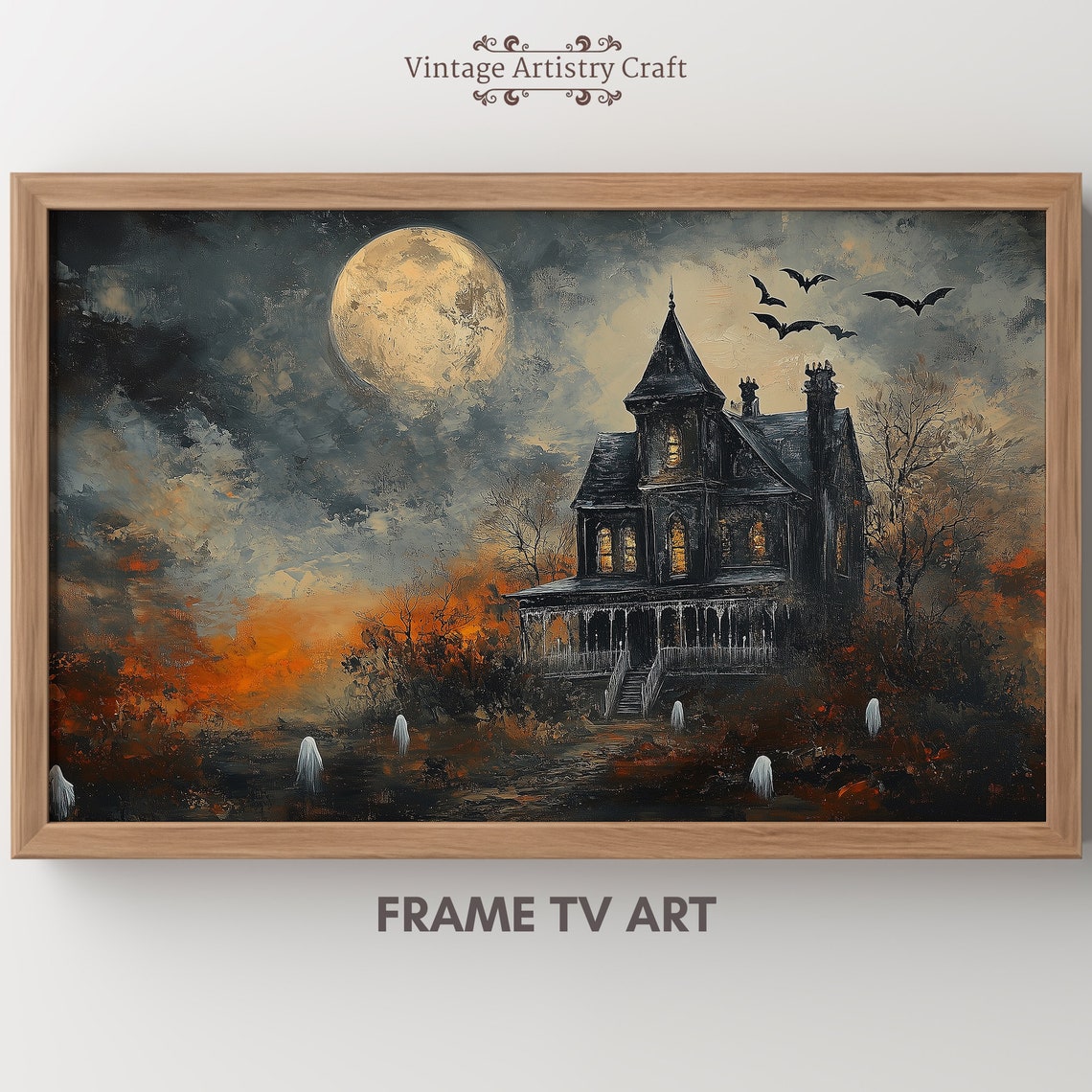Haunted House Under Full Moon Ghosts And Bats Halloween Poster