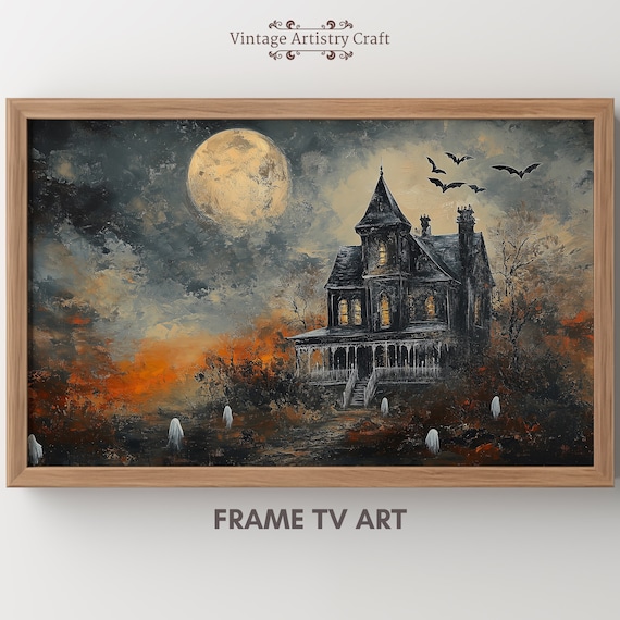 Haunted House Under Full Moon Ghosts And Bats Halloween Poster
