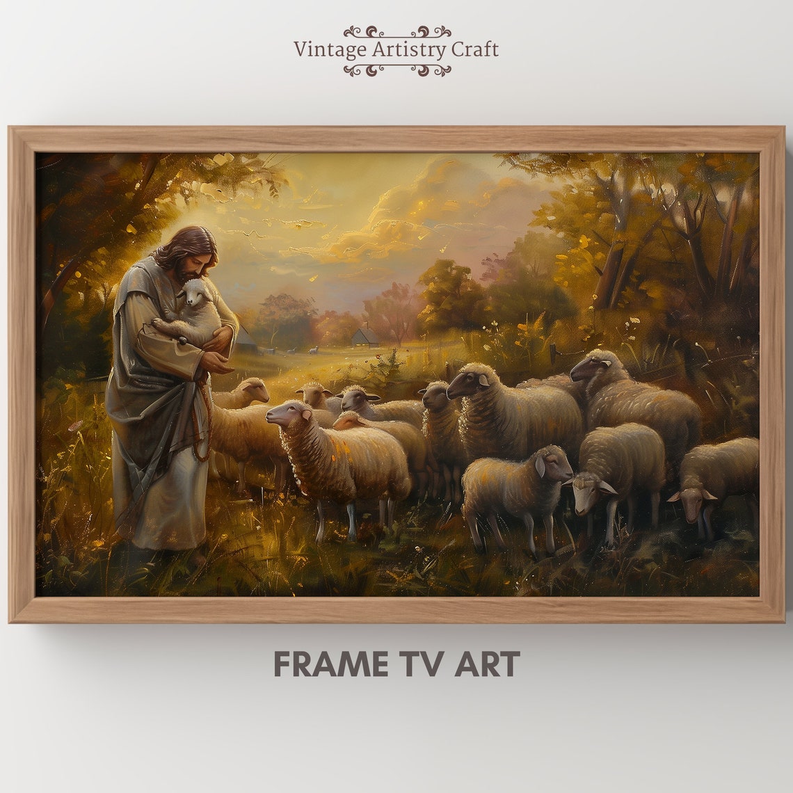 Jesus The Good Shepherd Holding Lamb In Golden Sunset Poster