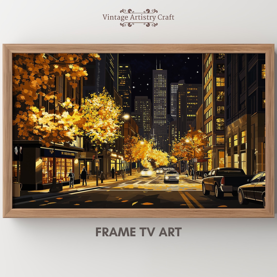 City Night Street Golden Autumn Trees Lit Skyscraper Painting Poster
