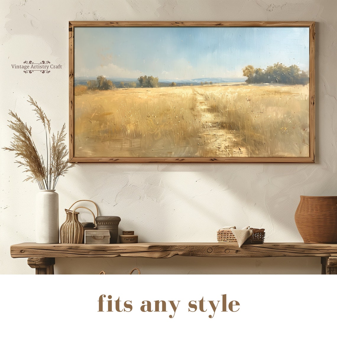Golden Grass Field Under Blue Sky Minimalist Landscape Poster - Image 4