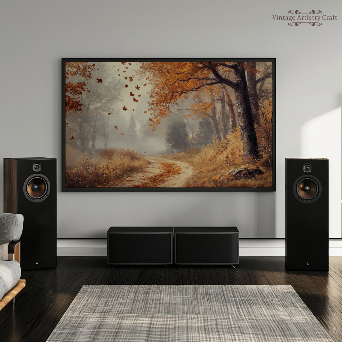 Misty Autumn Forest Path Falling Leaves Vintage Oil Painting Poster - Image 2