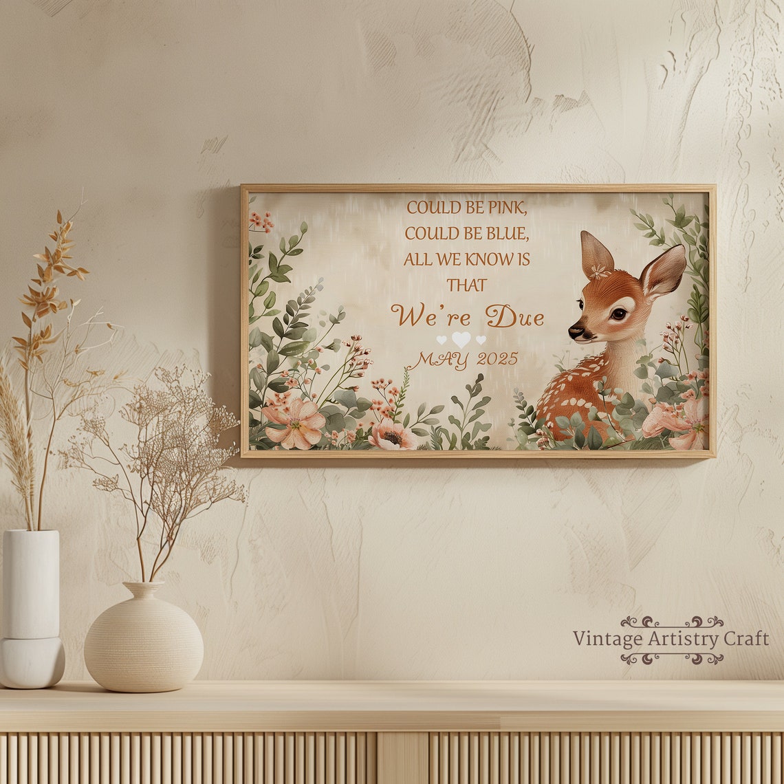 Were Due Woodland Fawn Pregnancy Announcement Floral Art Poster - Image 6