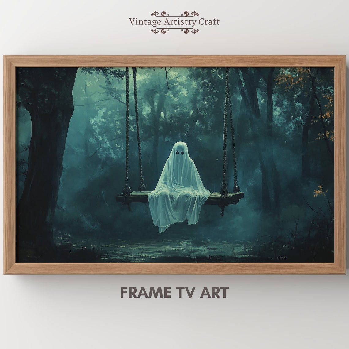 Cute Sheet Ghost on Swing in Misty Forest Spooky Halloween Poster