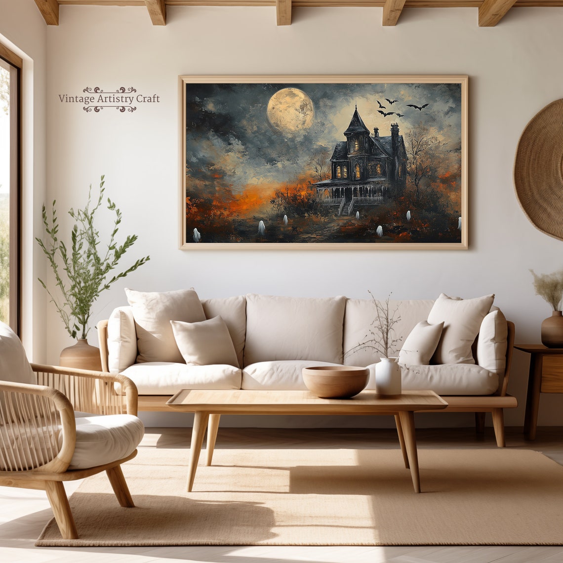 Haunted House Under Full Moon Ghosts And Bats Halloween Poster - Image 2