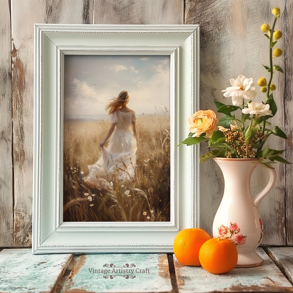 White Dress Woman In Wildflower Field Painting Cottage Core Farmhouse Art Oil Painting Spring Home Decor 300 Dpi - Image 7