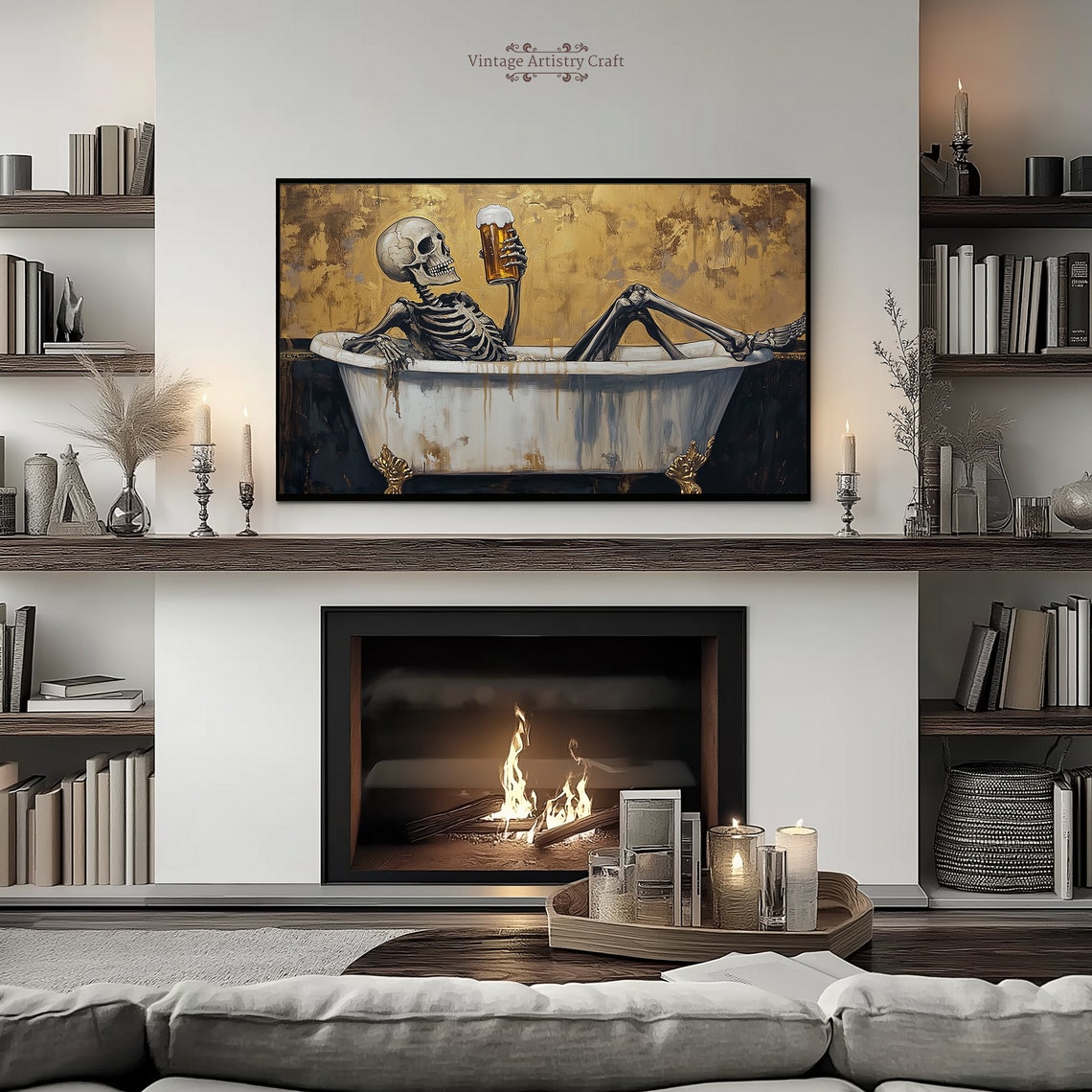 Funny Skeleton Bathtub Beer Gold Gothic Halloween Painting Poster - Image 3
