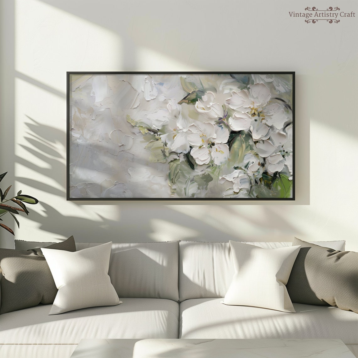 White Blossom Abstract Impasto Floral Painting Soft Botanical Wall Art - Image 6