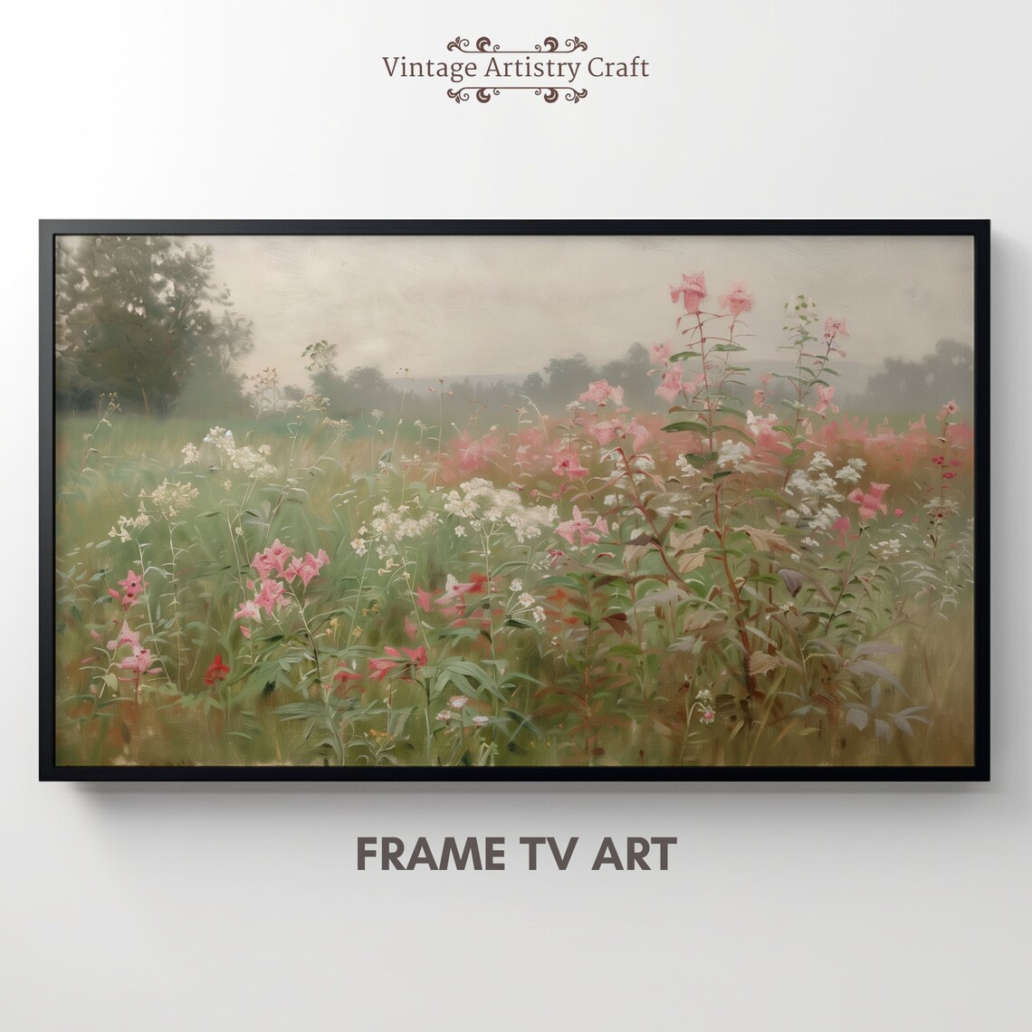 Pink Wildflower Field Spring Meadow Vintage Oil Painting Wall Art - Image 7