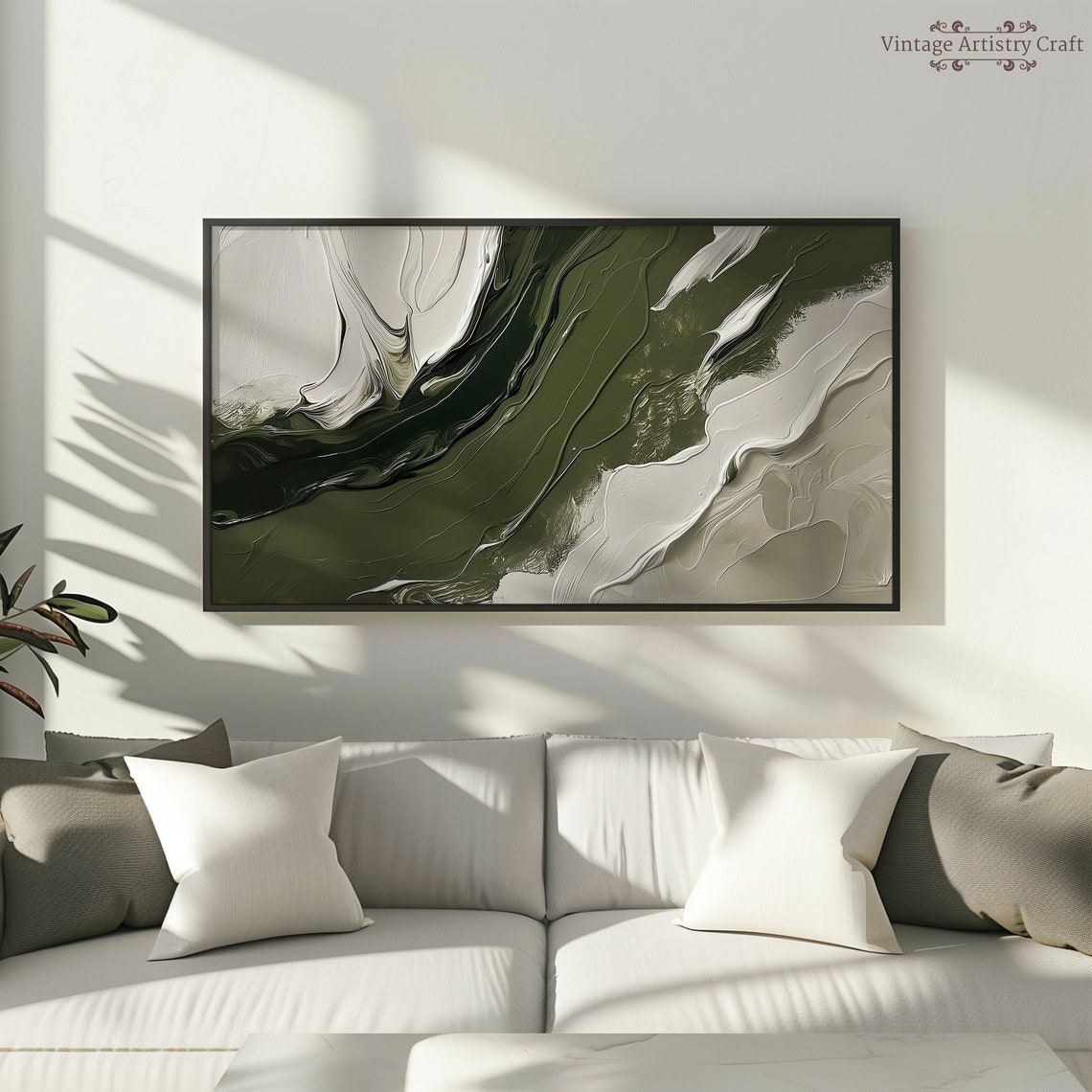 Olive Green White Abstract Fluid Texture Modern Painting Poster - Image 4