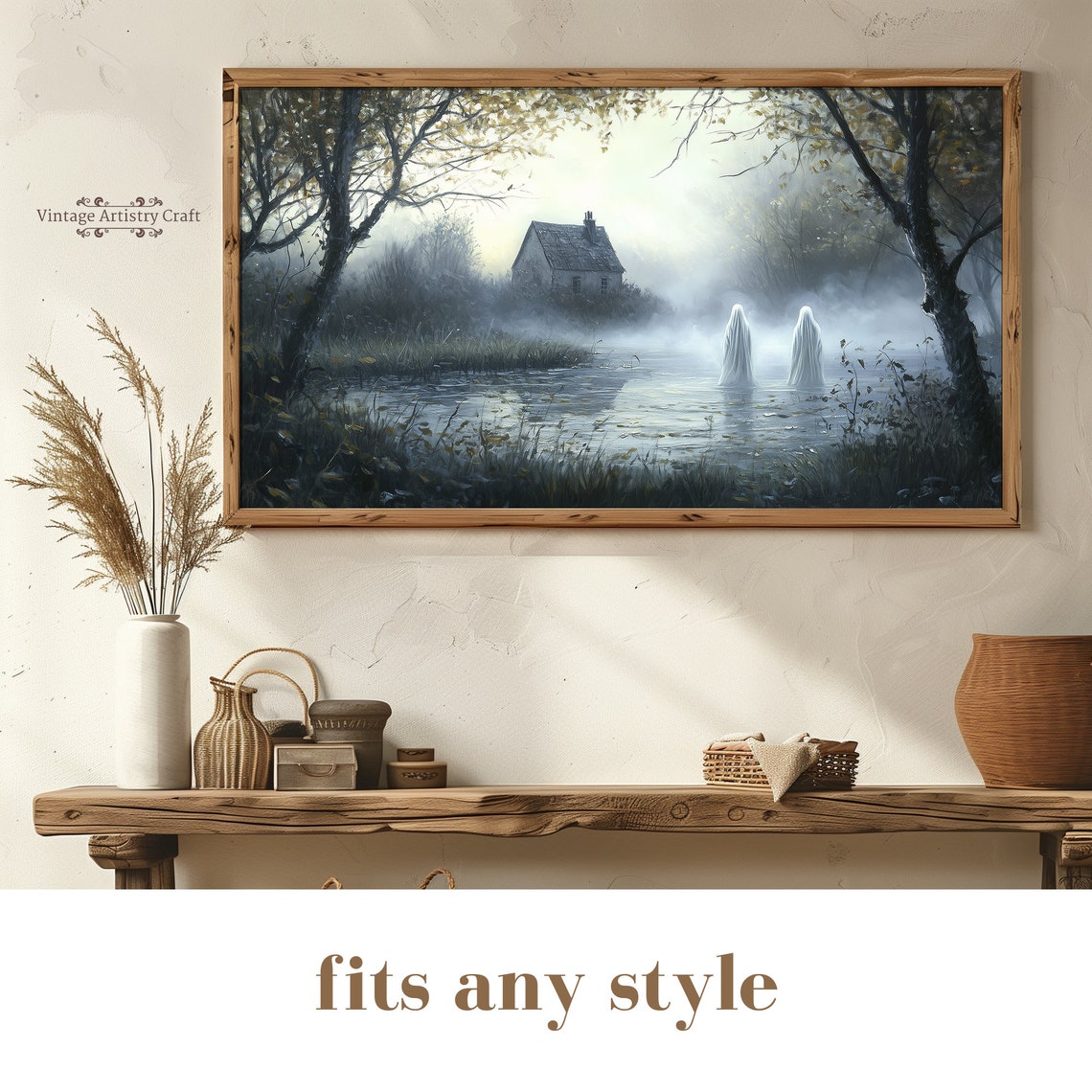 Misty Pond Cottage With Two Ghosts Eerie Water Landscape Poster - Image 8