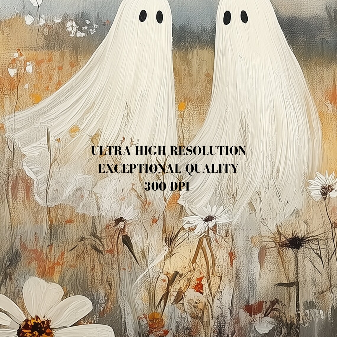 Ghost Pair Autumn Wildflower Field Halloween Vintage Painting Poster - Image 8