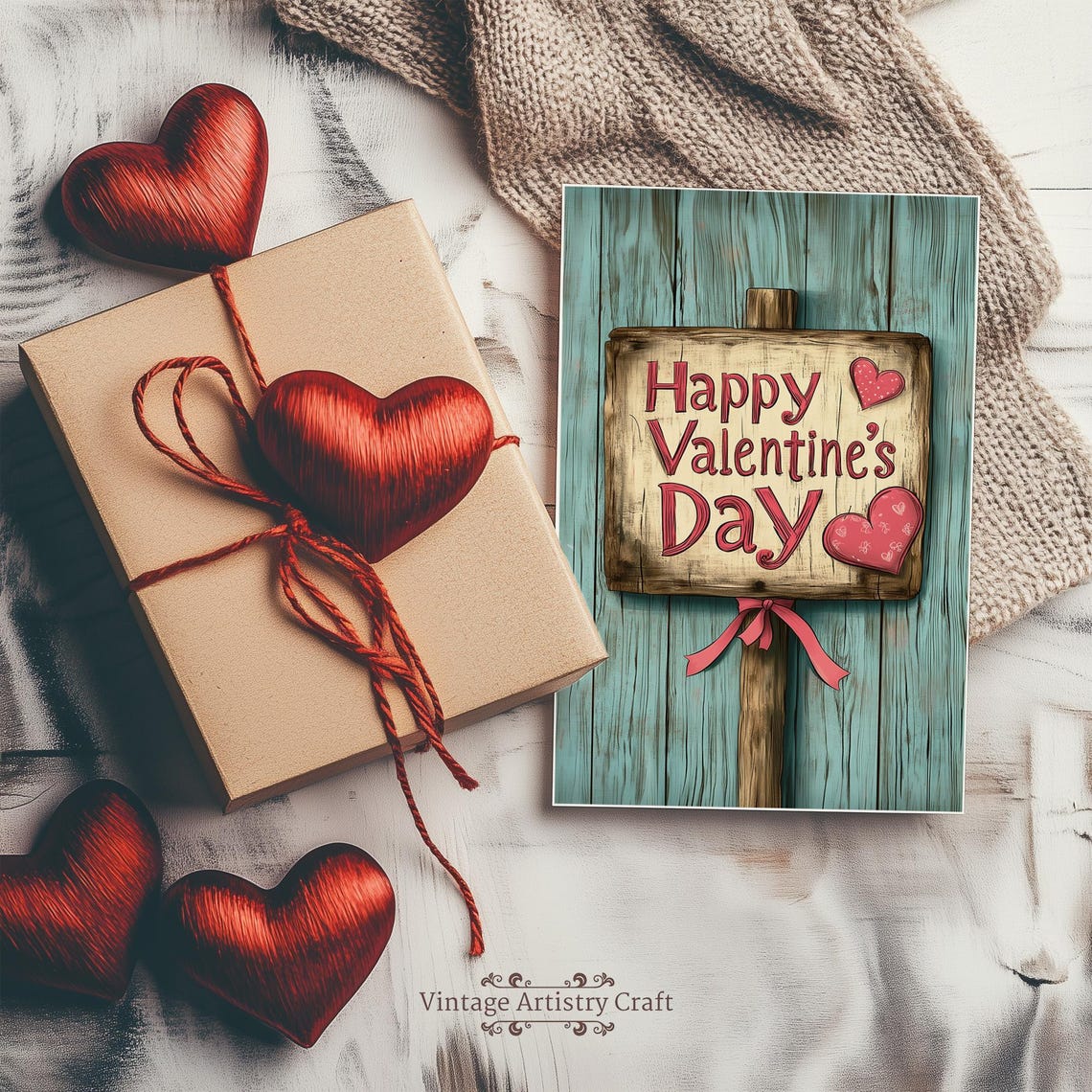 Happy Valentines Day Rustic Wooden Sign Heart Gift Box Styled Poster
