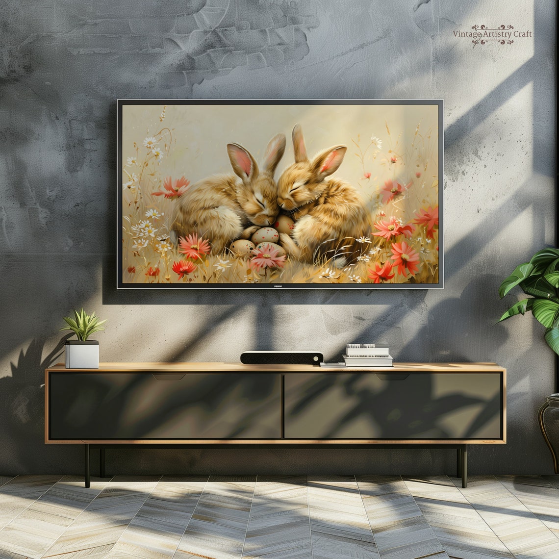 Sleeping Bunny Rabbits Easter Meadow Wildflower Oil Painting Poster - Image 8