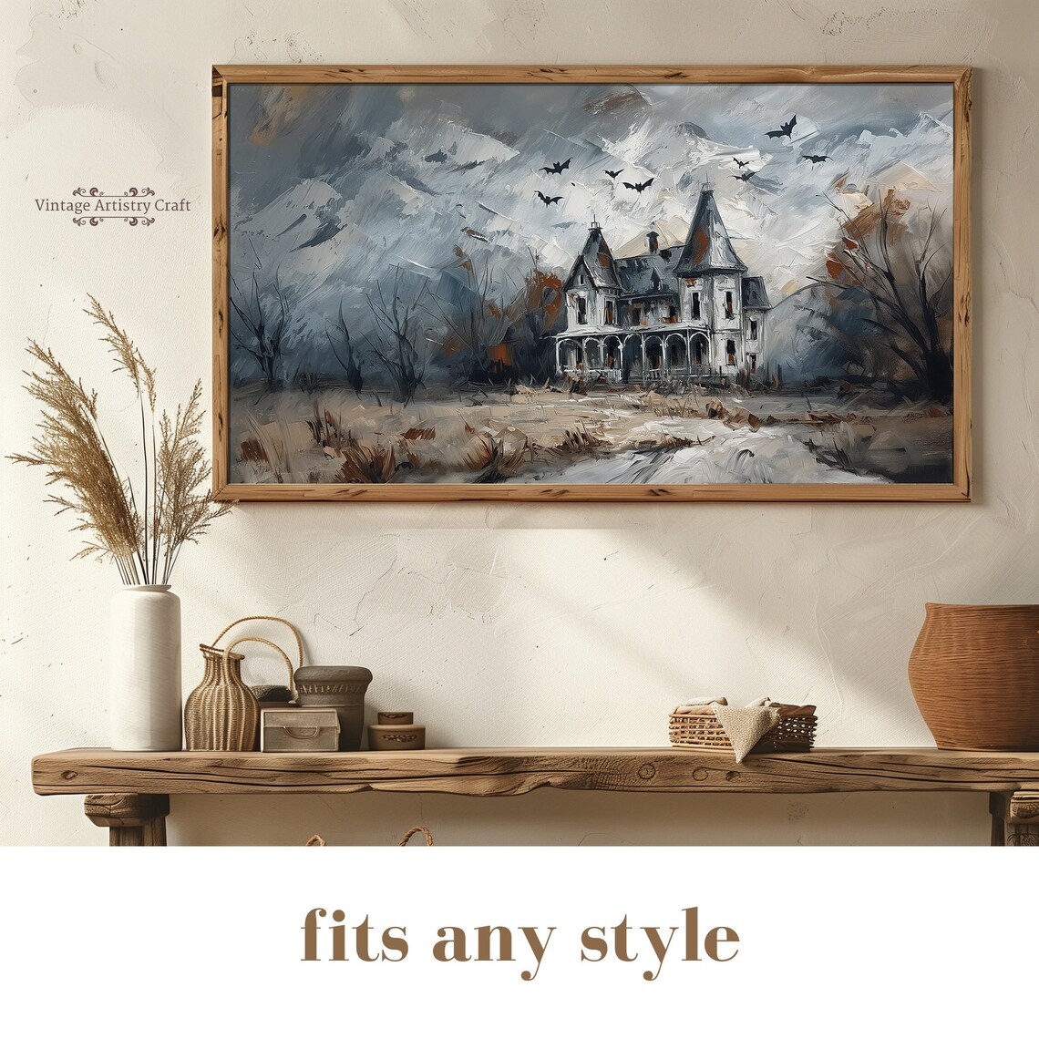 Grey Haunted House Bats Stormy Sky Vintage Halloween Painting Poster - Image 7