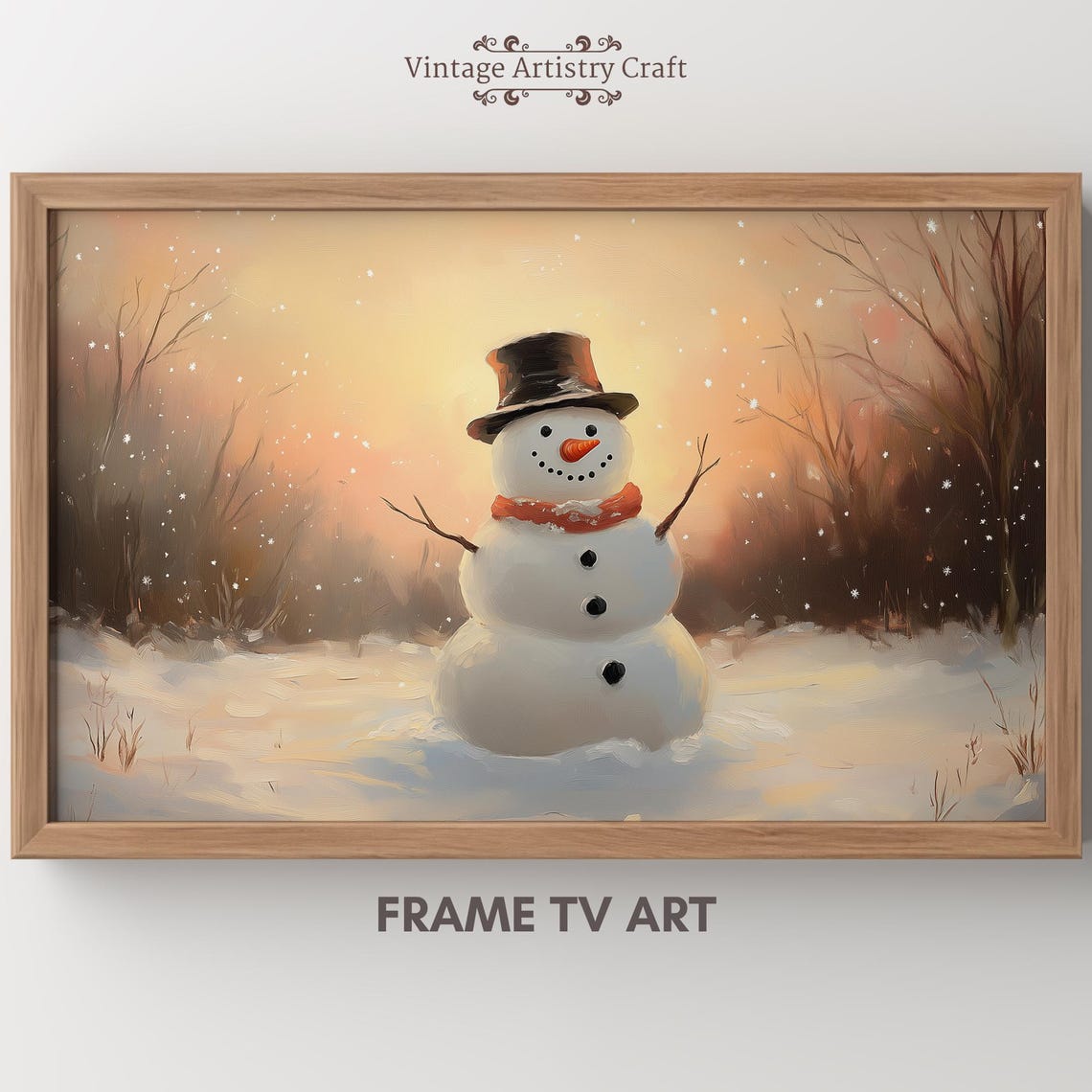 Smiling Snowman in a Snowy Field at Golden Sunset Art Poster