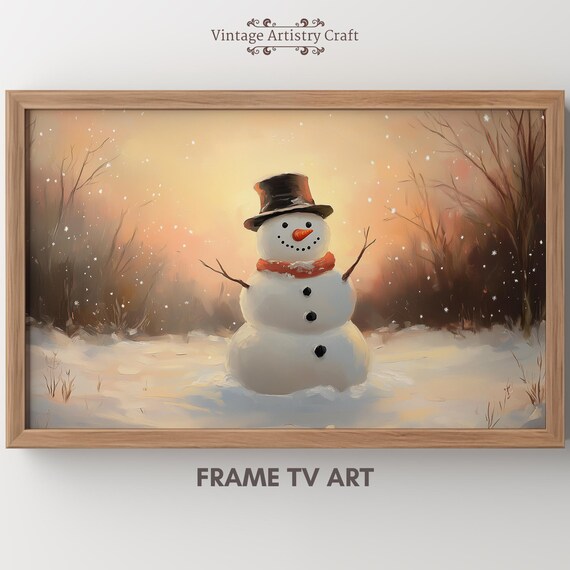 Smiling Snowman in a Snowy Field at Golden Sunset Art Poster