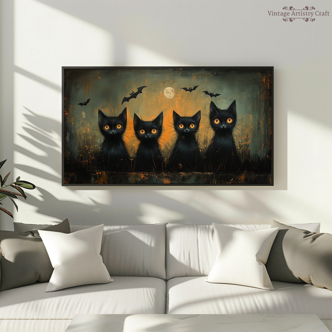 Four Black Cats Golden Eyes Bats Moon Spooky Halloween Poster - Image 5