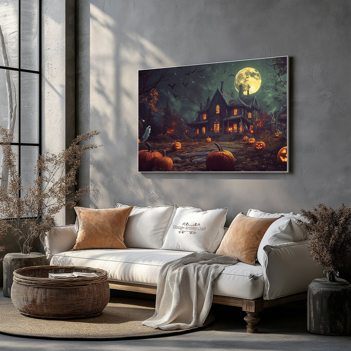 Spooky Haunted House Night Pumpkins Bats Full Moon Halloween Poster - Image 4