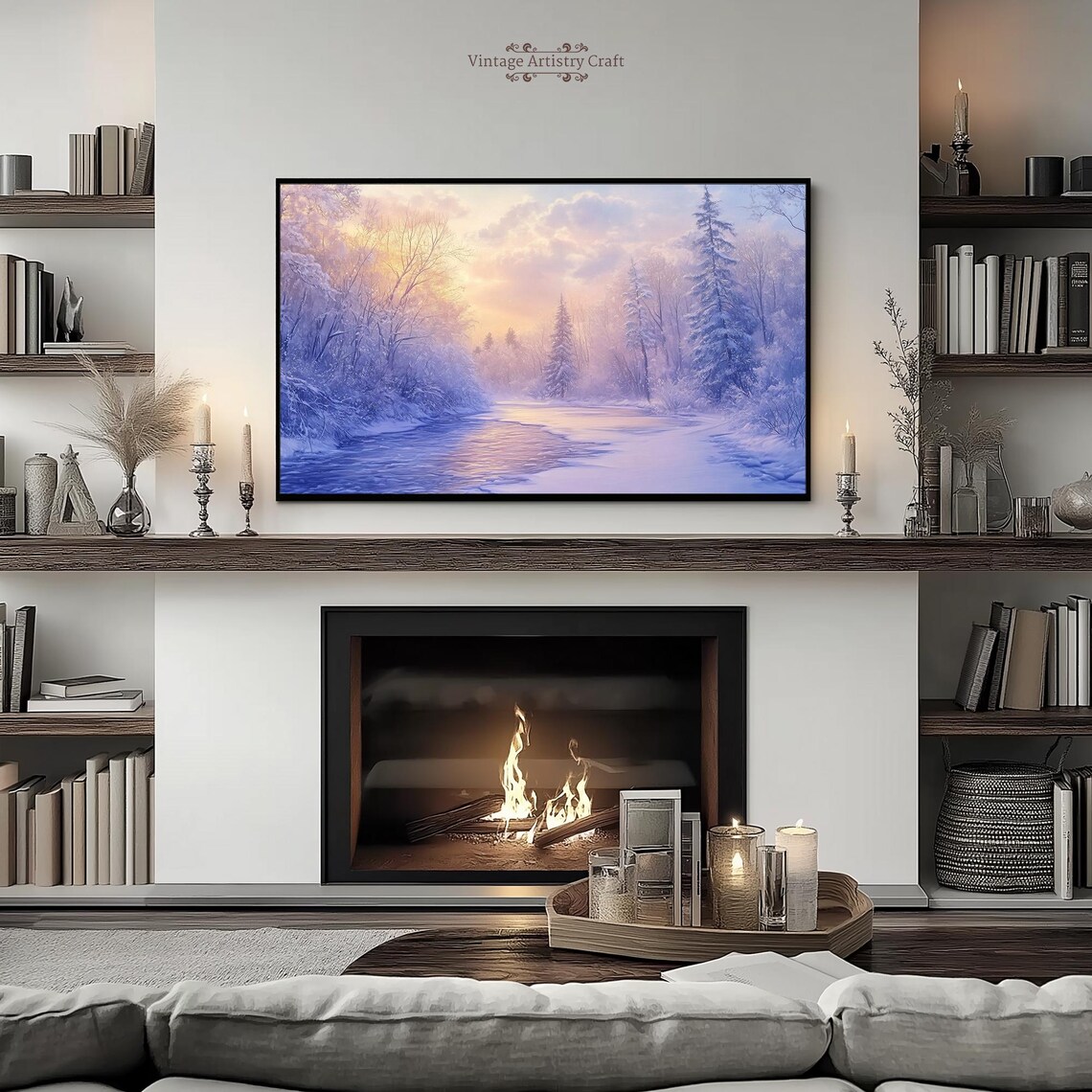 Pastel Purple Winter River Sunrise Snowy Pines Landscape Poster - Image 5