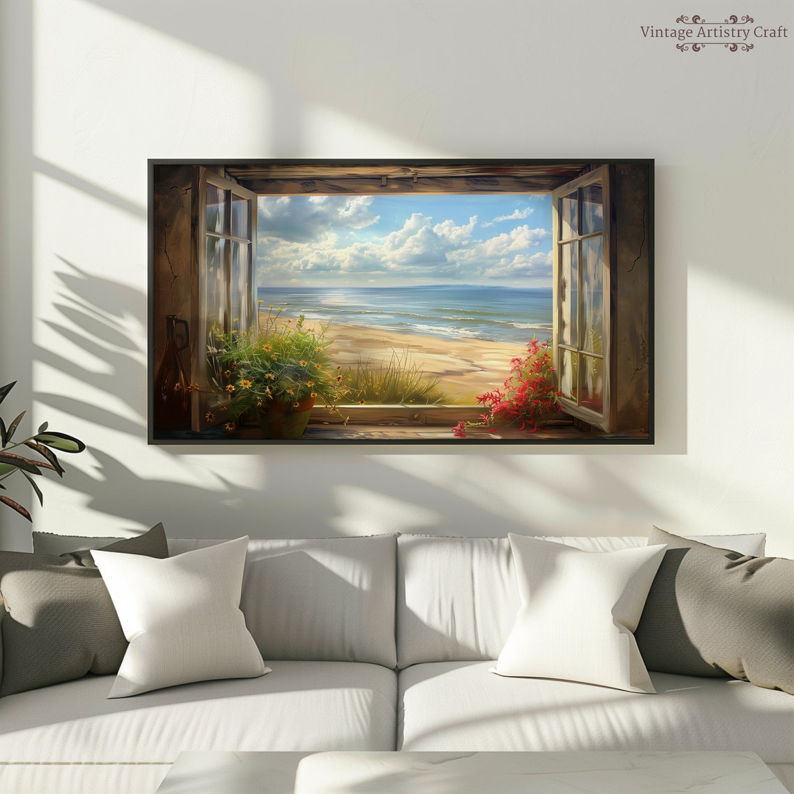 Open Window To Sunny Beach Flower Pots Bright Coastal Poster - Image 8