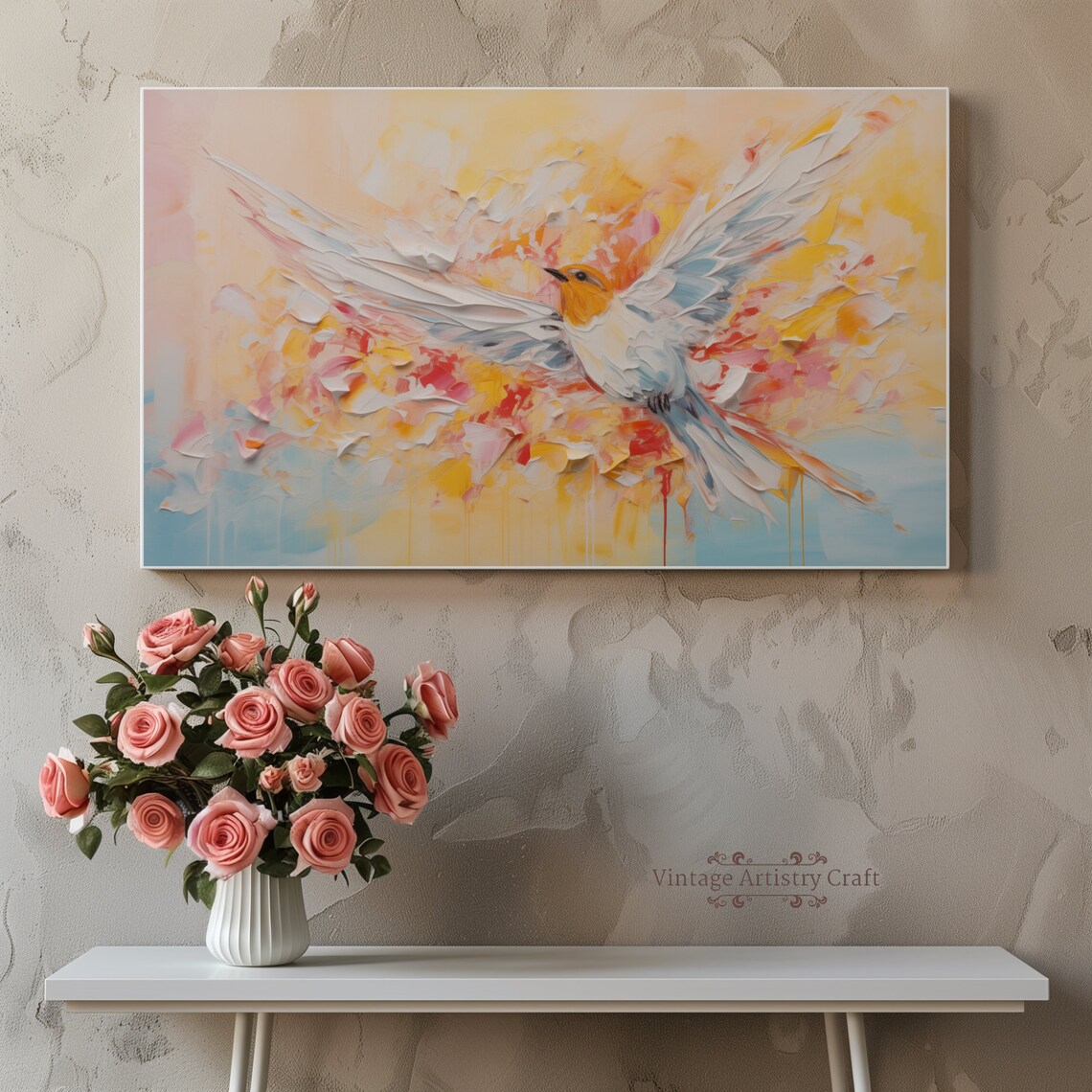 Flying Songbird in Pastel Sunrise Abstract Textured Bird Painting Poster - Image 3