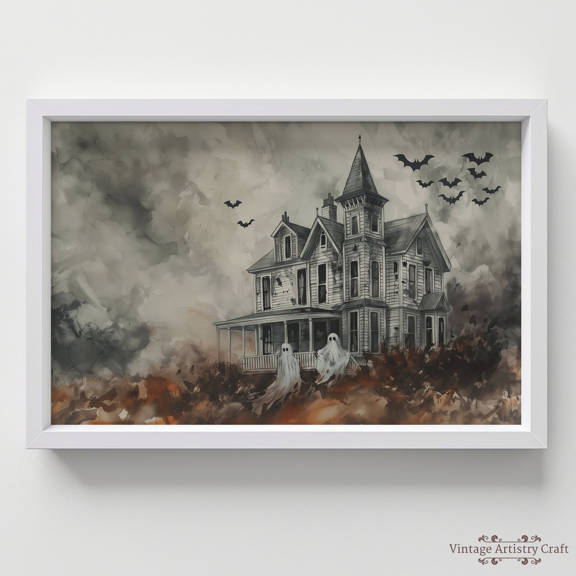 Haunted House With Ghosts Bats Watercolor Halloween Art Poster - Image 3