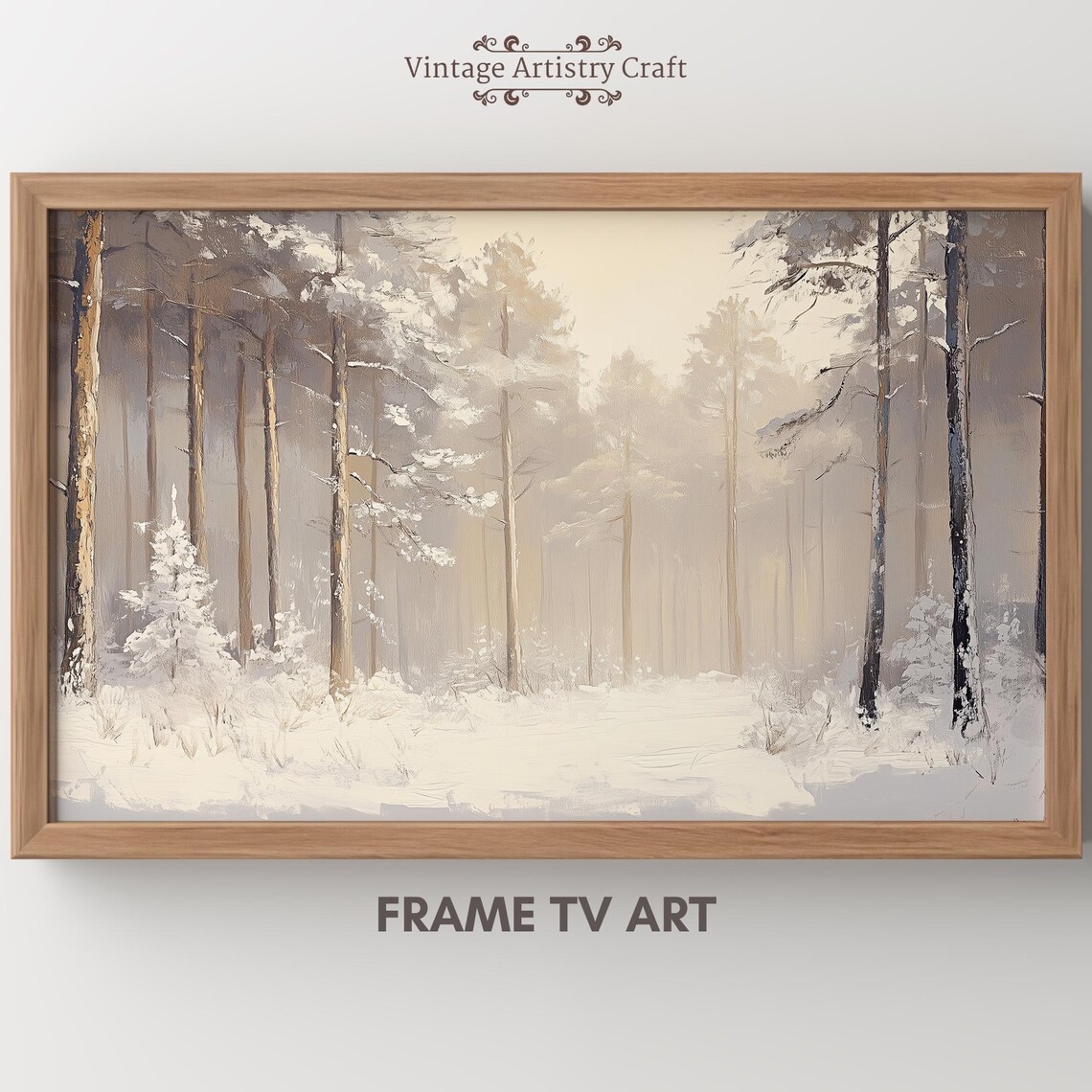 Misty Beige Snowy Pine Forest Calm Winter Wonderland Painting Poster