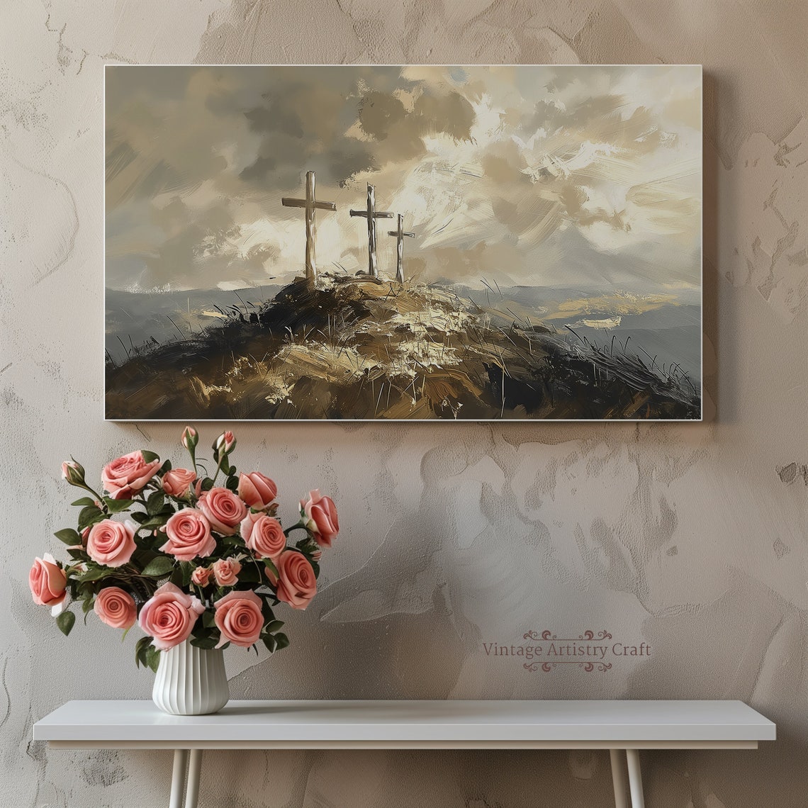 Three Crosses on the Hill Easter He Is Risen Christian Oil Poster - Image 7