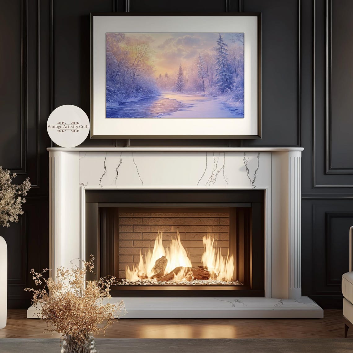 Pastel Purple Winter River Sunrise Snowy Pines Landscape Poster - Image 4