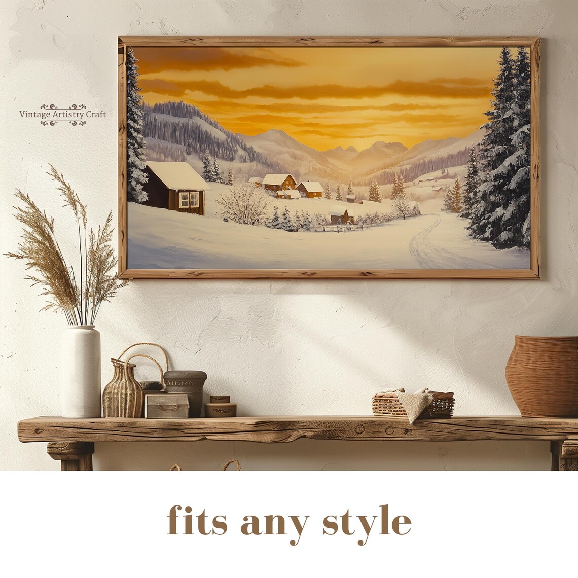 Snowy Mountain Village Sunrise Golden Winter Landscape Poster - Image 8