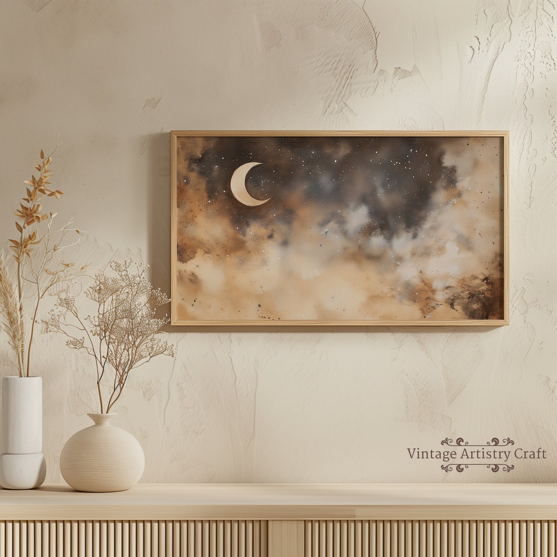 Crescent Moon Golden Cloudy Night Sky Watercolor Dreamy Poster - Image 4