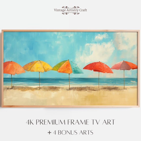 Colorful Beach Umbrellas Sandy Shore Summer Coastal Painting Poster