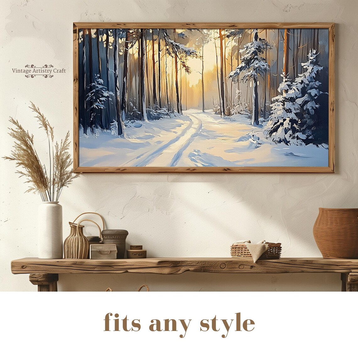 Sunlit Snowy Forest Path Golden Winter Trees Landscape Painting Poster - Image 8