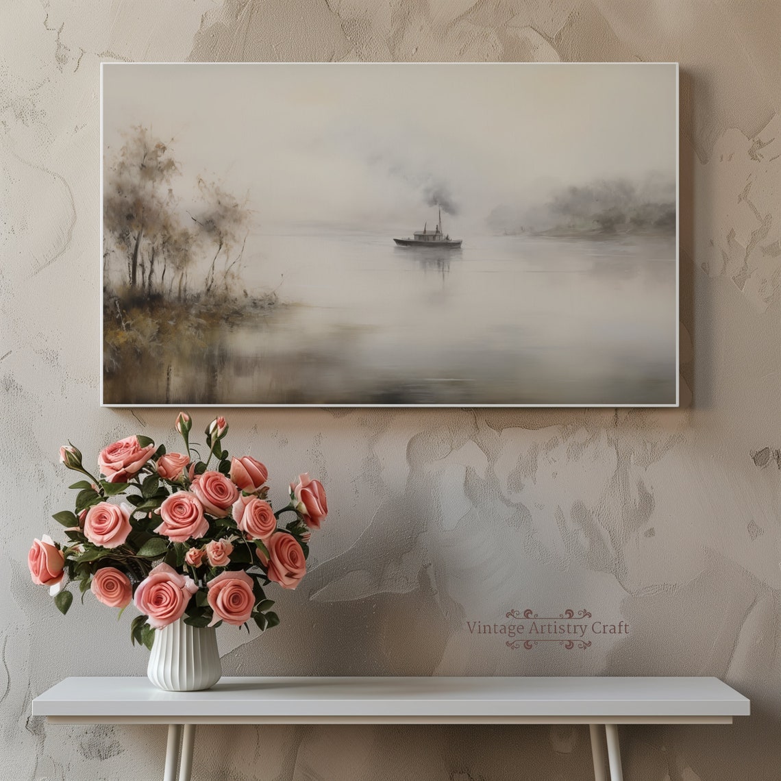 Lone Steamboat on Misty River Soft Neutral Vintage Landscape Poster - Image 4