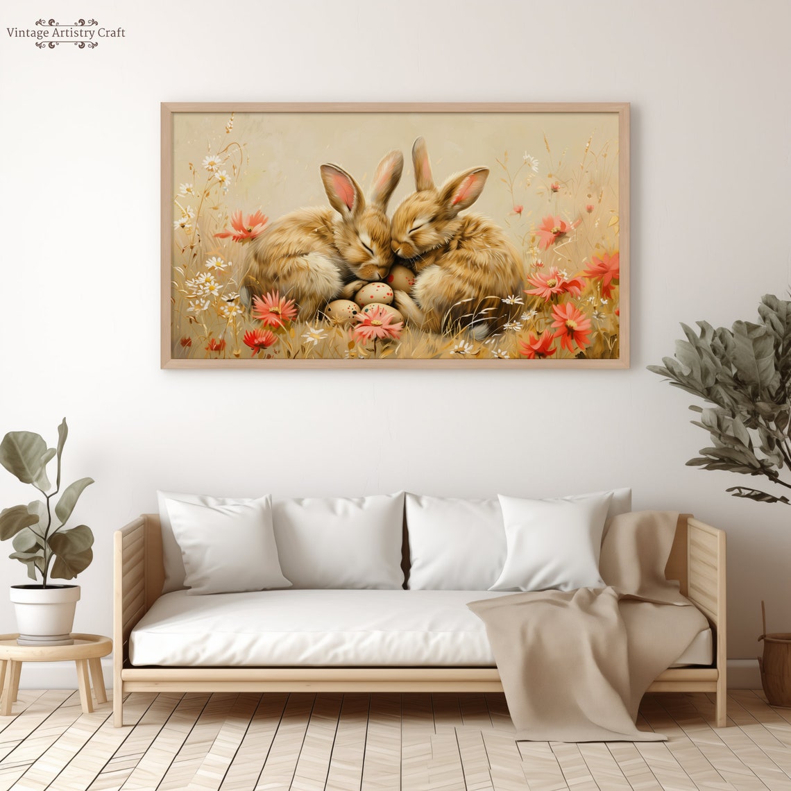 Sleeping Bunny Rabbits Easter Meadow Wildflower Oil Painting Poster - Image 4