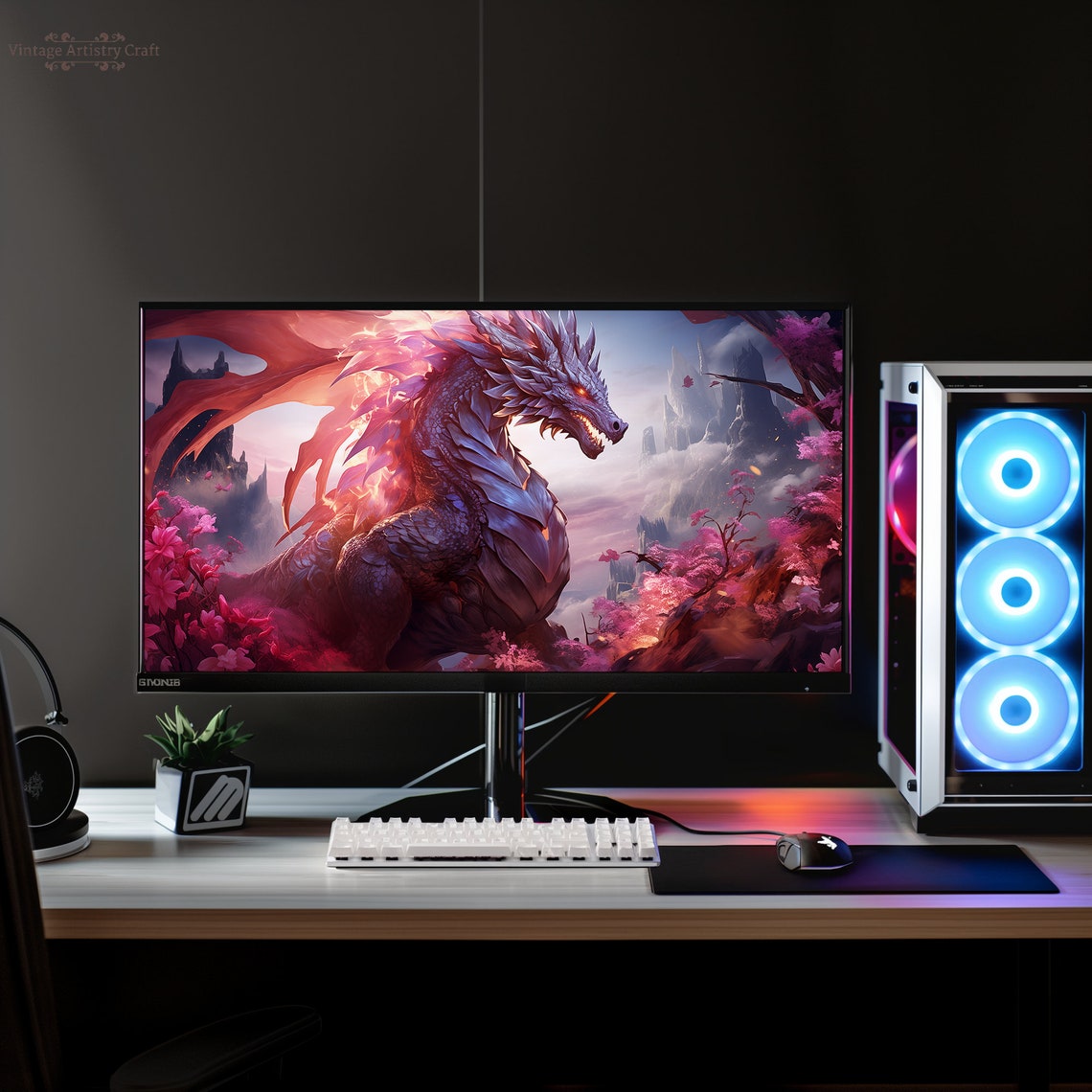 Majestic Fire Dragon Cherry Blossom Fantasy Digital Wallpaper Wall Art - Image 7