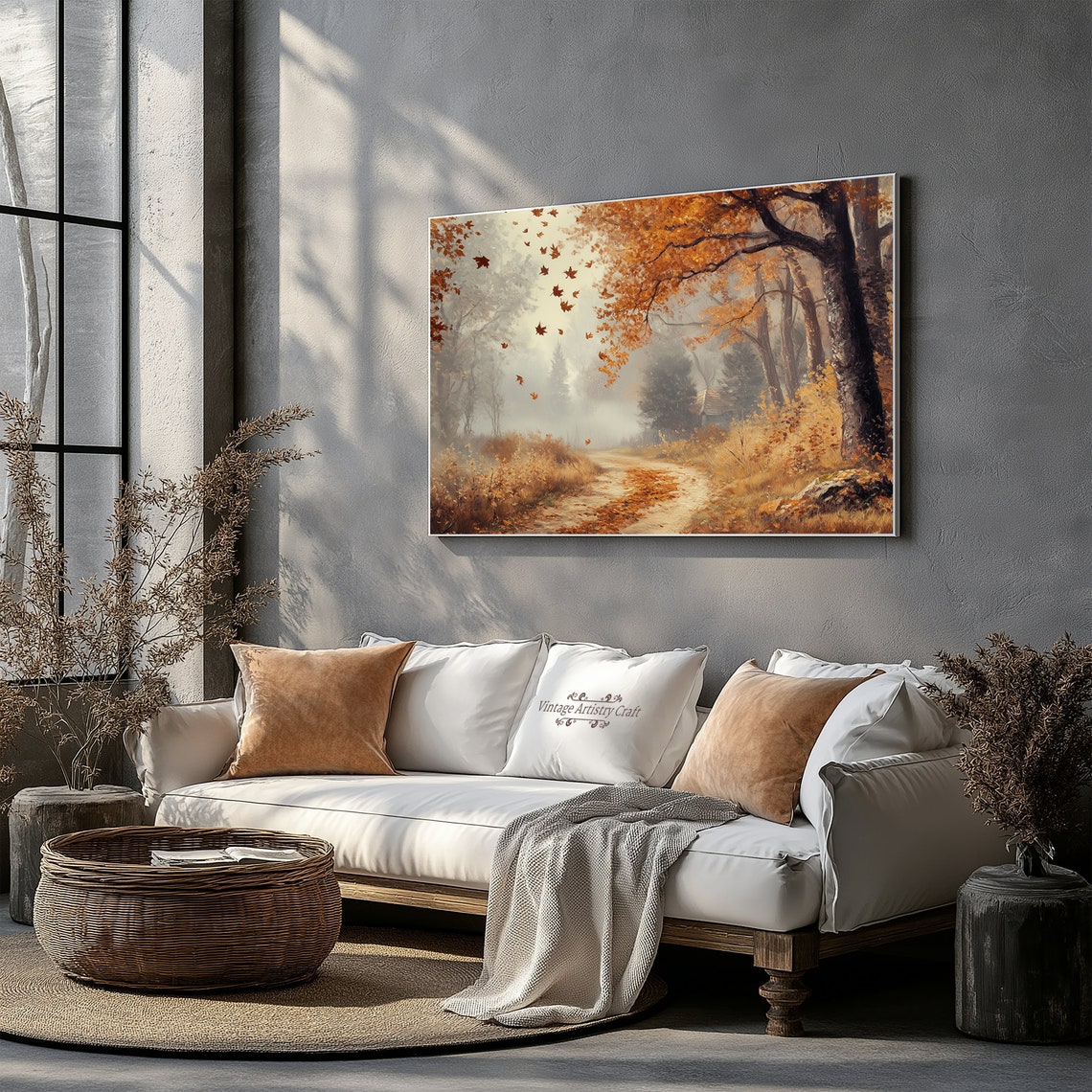 Misty Autumn Forest Path Falling Leaves Vintage Oil Painting Poster - Image 4