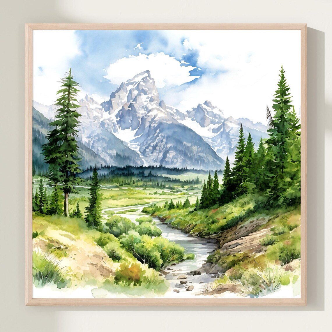 Mountain Landscape Watercolor Art Print, Panoramic Nature