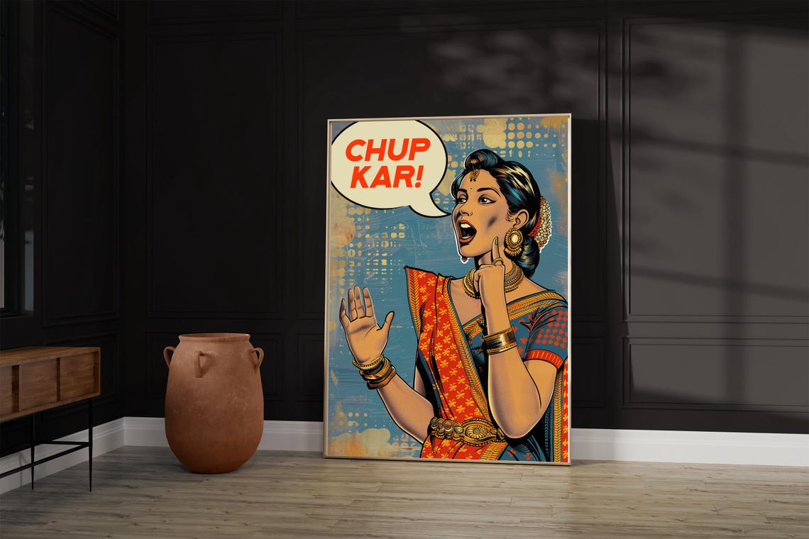 Chup Kar Indian Pop Art Woman in Red Saree Retro Comic Wall Art