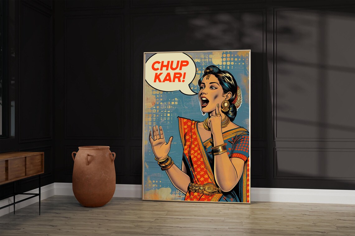 Pop Art Print Chup Kar Saree Woman