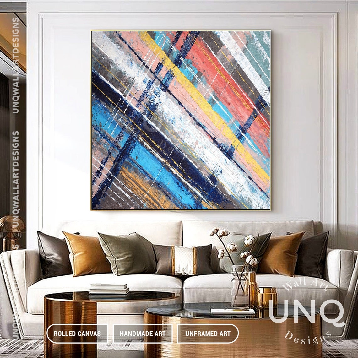 Multicolor Diagonal Stripes Blue Yellow Red Modern Abstract Art Poster - Image 6