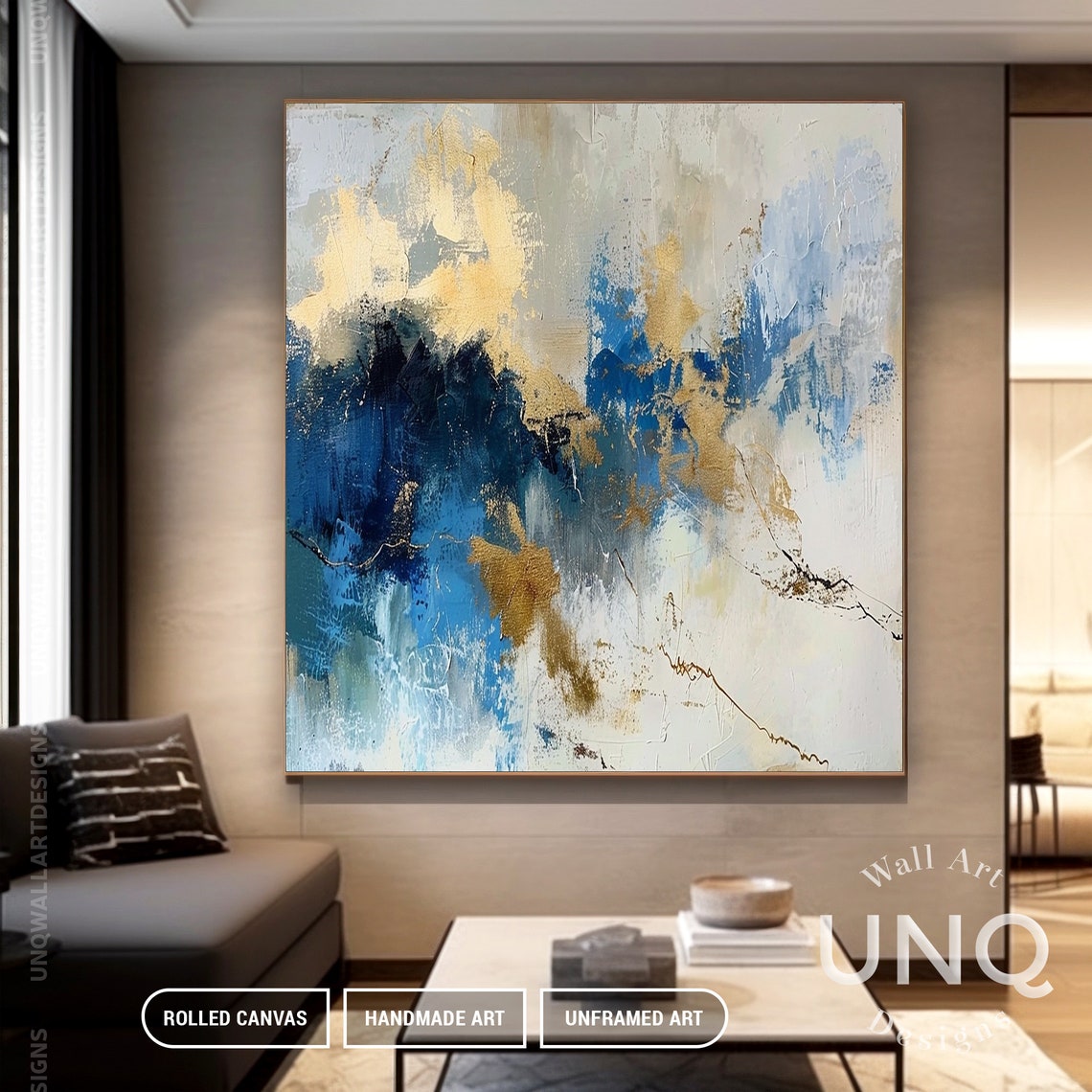 Navy Blue Gold And Cream Waves Modern Luxury Abstract Art Poster - Image 3