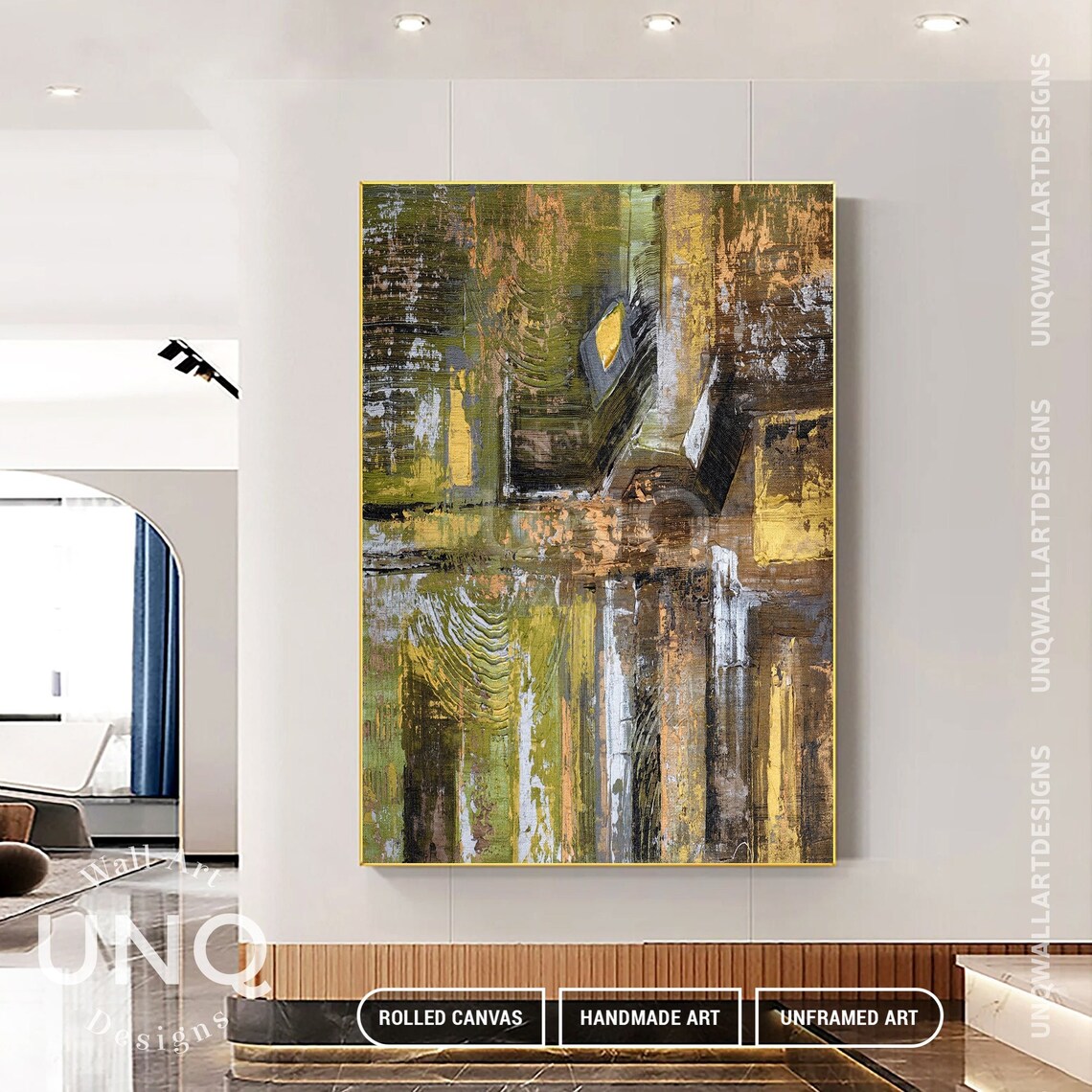 Unique Green And Gold Artwork Luxury Line Texture On Original Abstract Boxes Wall Art Modern Geometric Art Sofa Wall Decor - Image 4