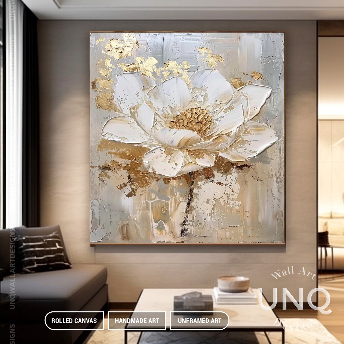 Luxury Golden Flower Wall Art 3d Heavy Floral Painting On Large Bohemian Custom Flower Room Art Trendy Wall Gift For Her - Image 7